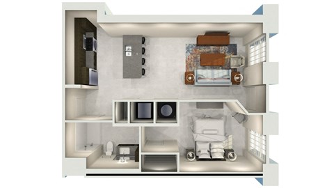 Floor plan for 1 bed, 1 bath, 749 sqft